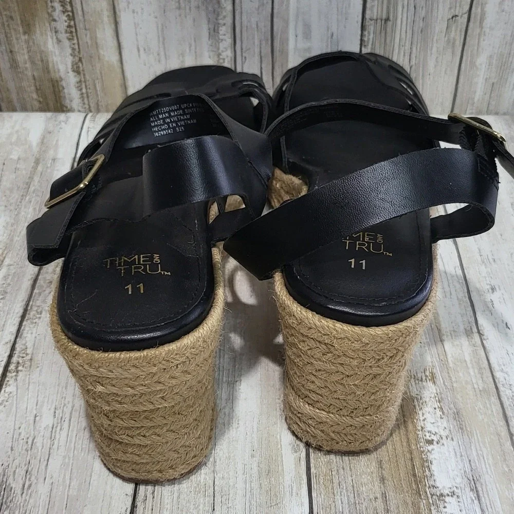 Time and Tru Women Black Espadrille Wedge Sandals Ankle Strap‎ Size 11